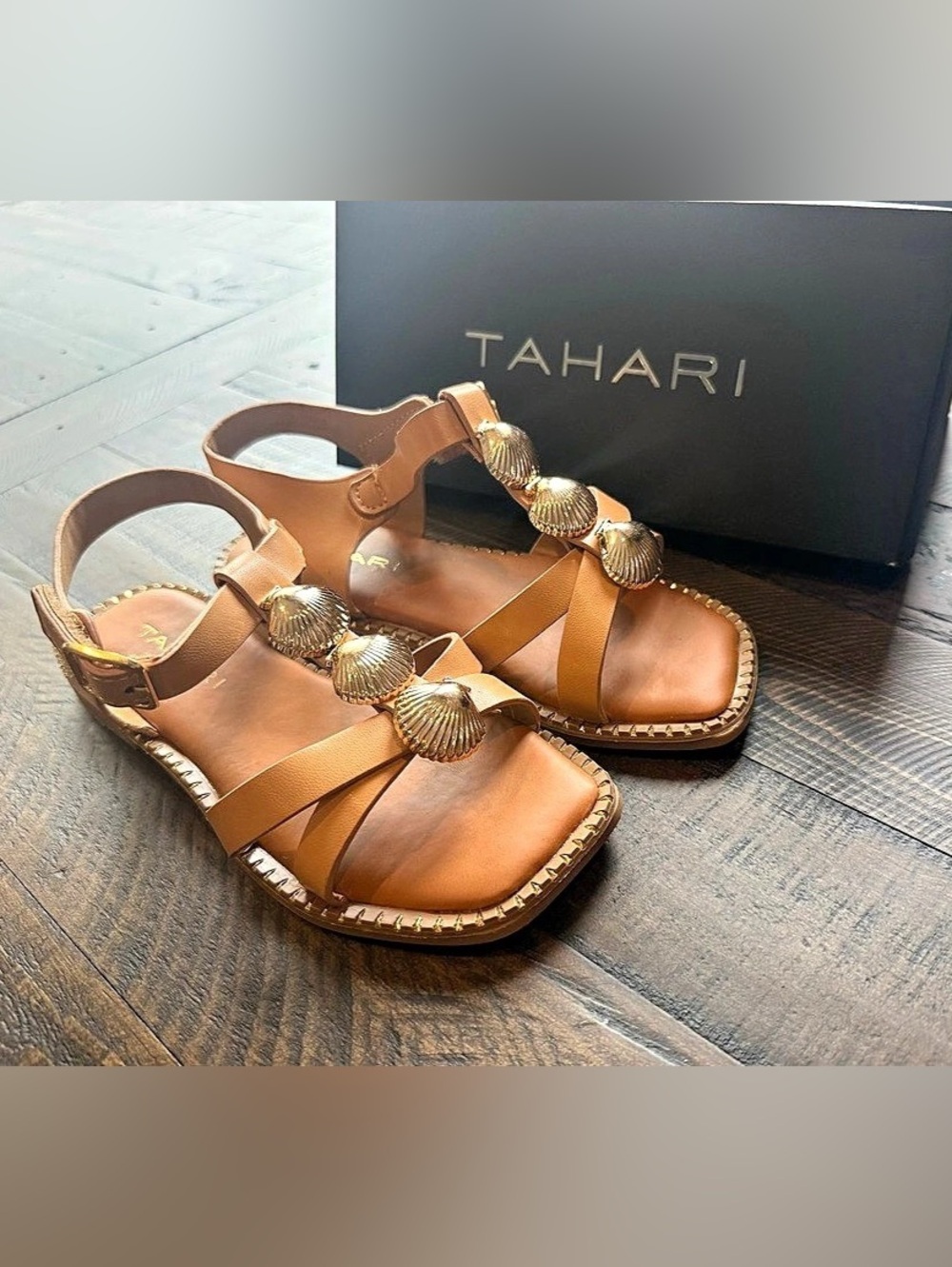 Tahari Shell Embellished Sandals Brown US 1 Like New